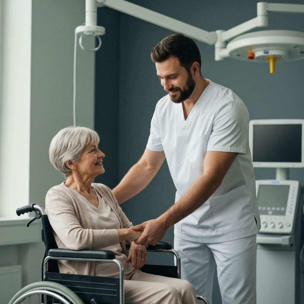 Caring nurse helping patient in medical setting